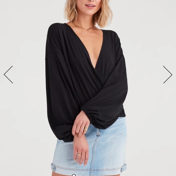 NWT 7 For All Mankind jet black wrap front blouson sleeve 100%cotton top - Picture 10 of 11